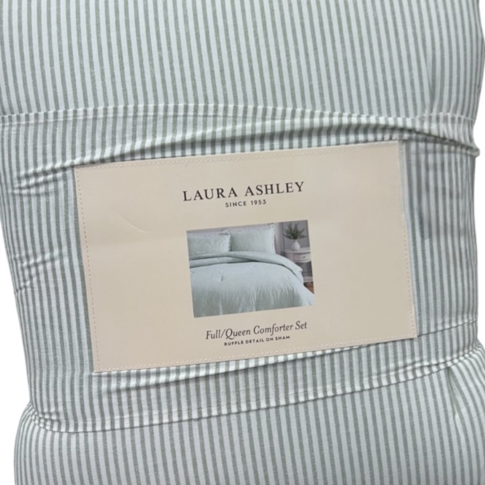 Laura Ashley Striped Green and White Queen Comforter Set Ruffle Detail 92”x96”